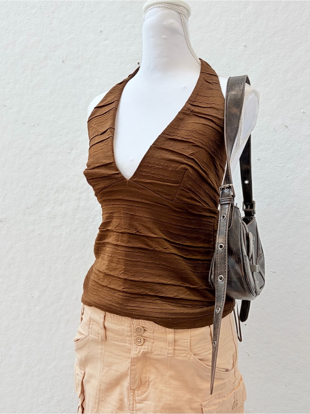 Urban Outfitters Size M Brown Halter V-Neck Ruched Tank Top